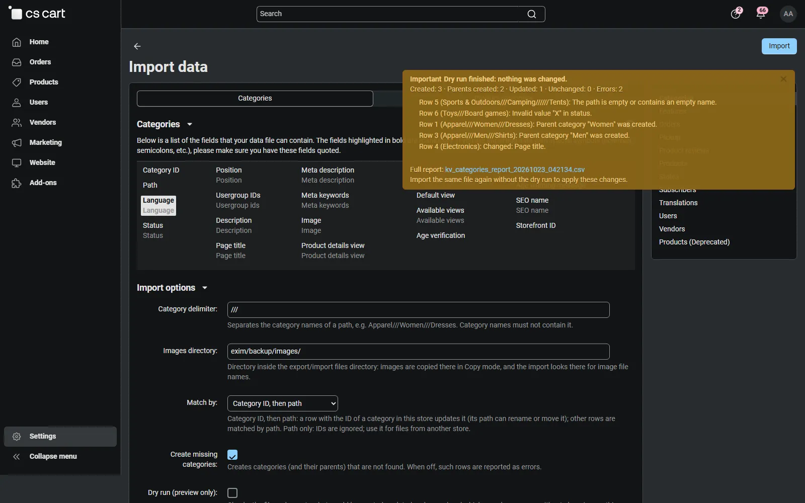 Dry run of a category file: created, parents created, updated, errors and the changed columns per row.