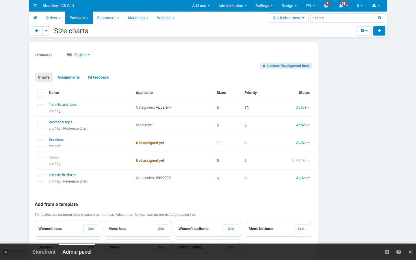 Products > Size charts: charts, conditions, templates and CSV import.