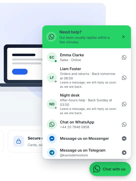 The chat panel with agents, working hours and store channels