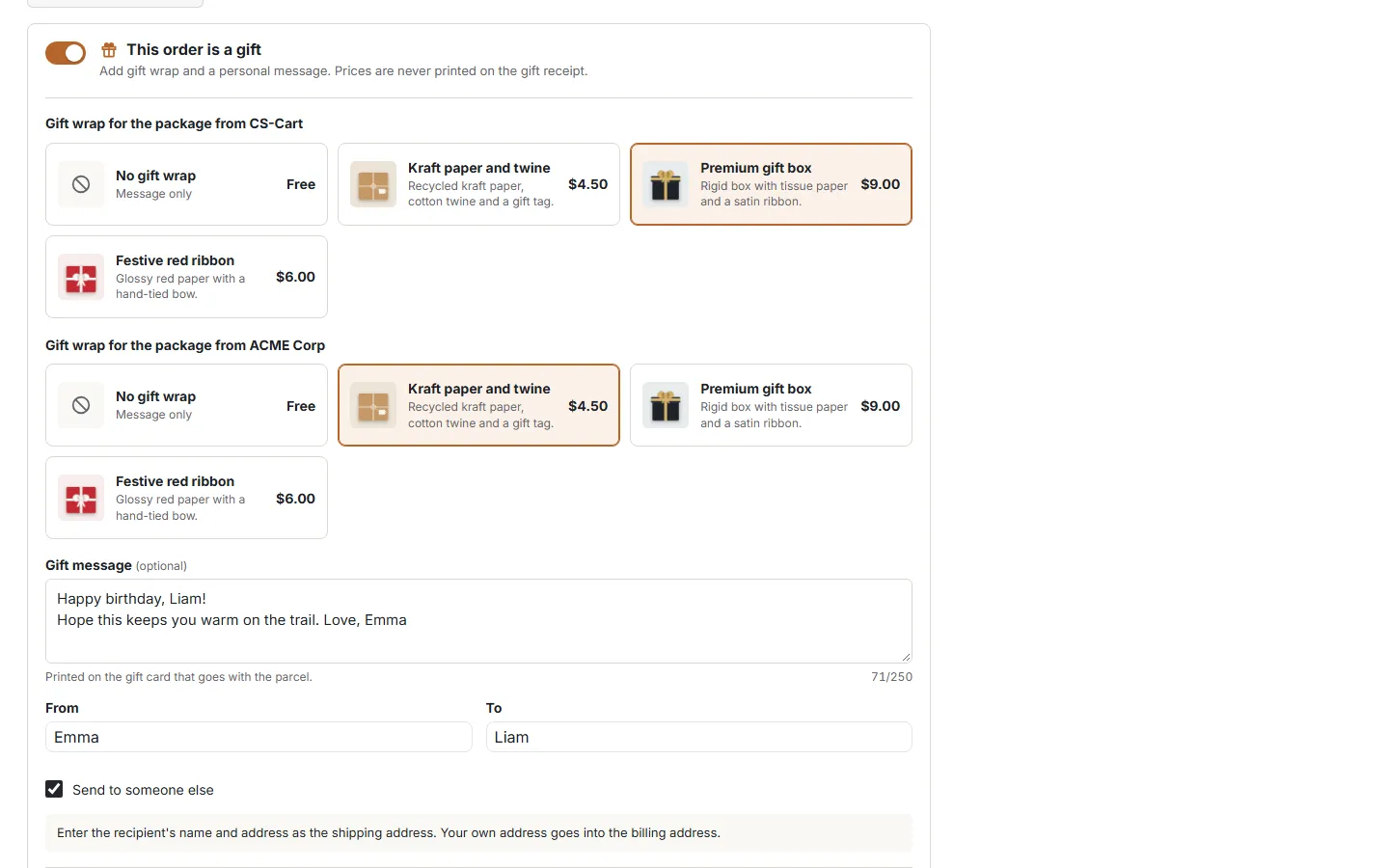 Gift options at checkout