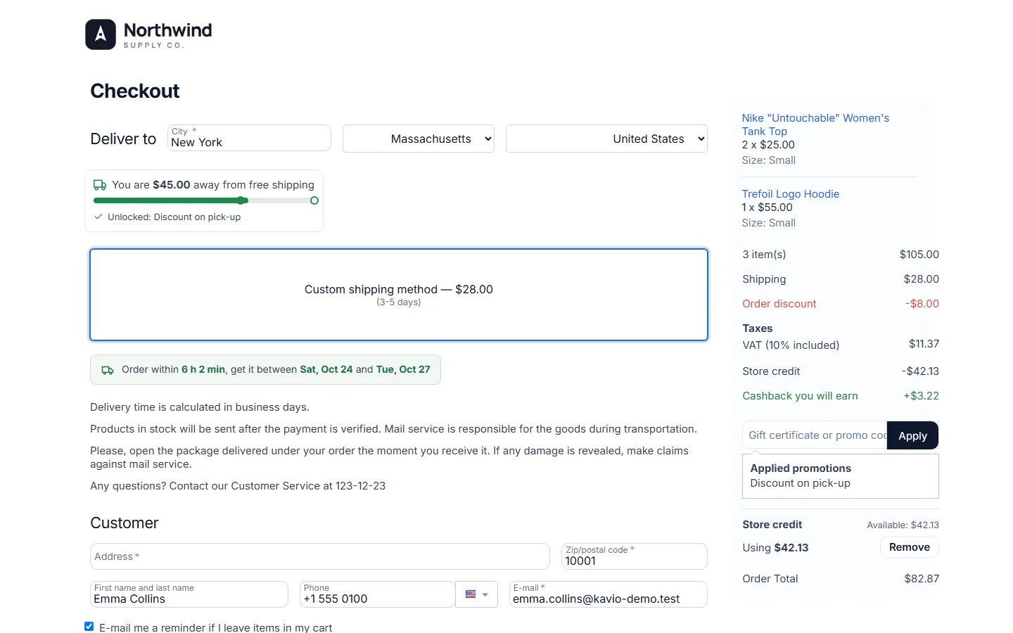 Checkout: store credit pays part of the order, cashback the customer will earn and the new order total