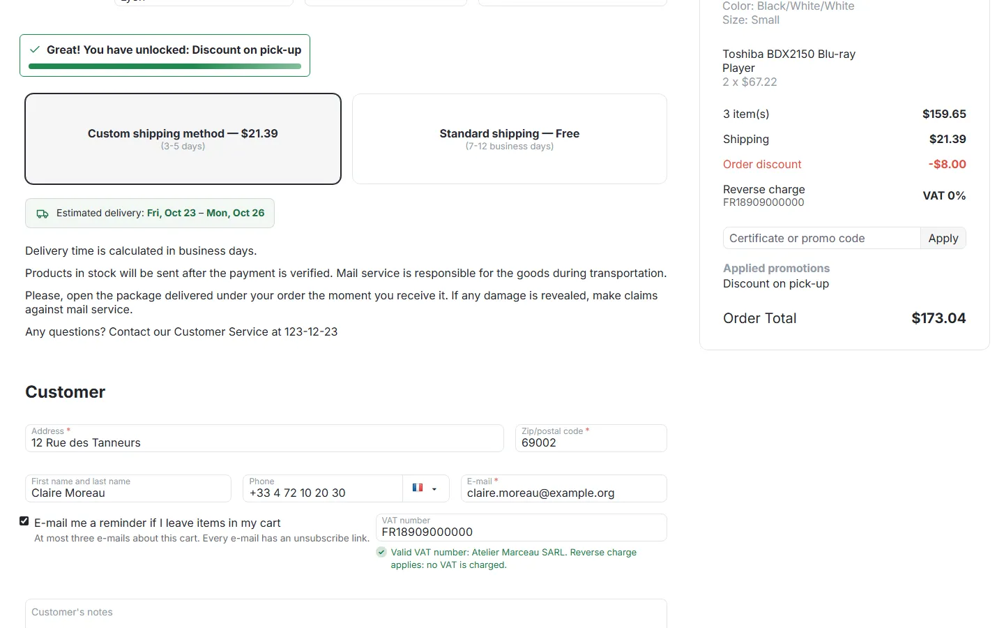 Checkout with a valid VAT number and reverse charge