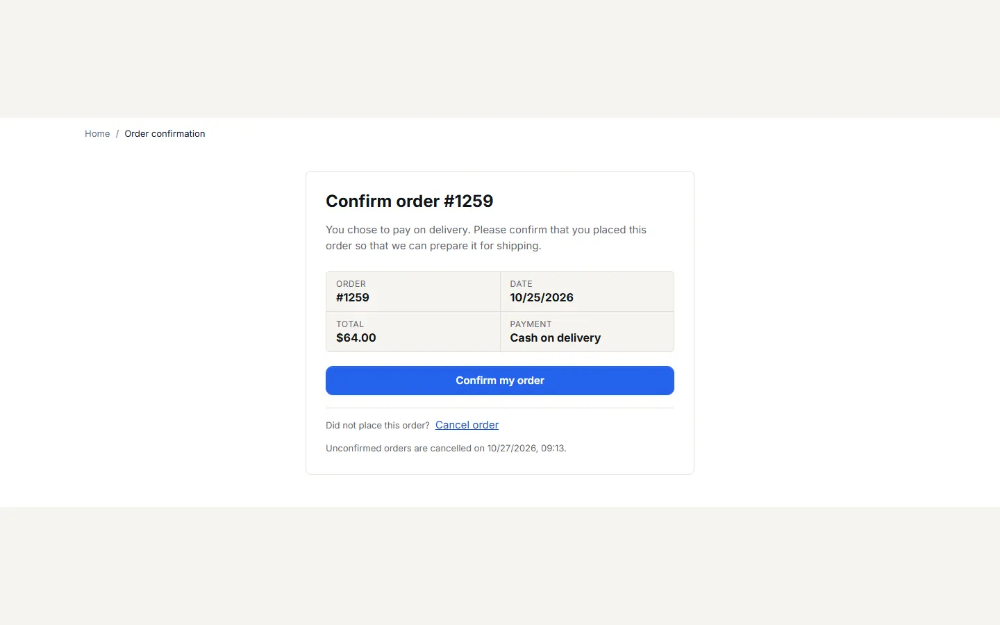 Storefront: the buyer confirms a cash-on-delivery order from the e-mail link.
