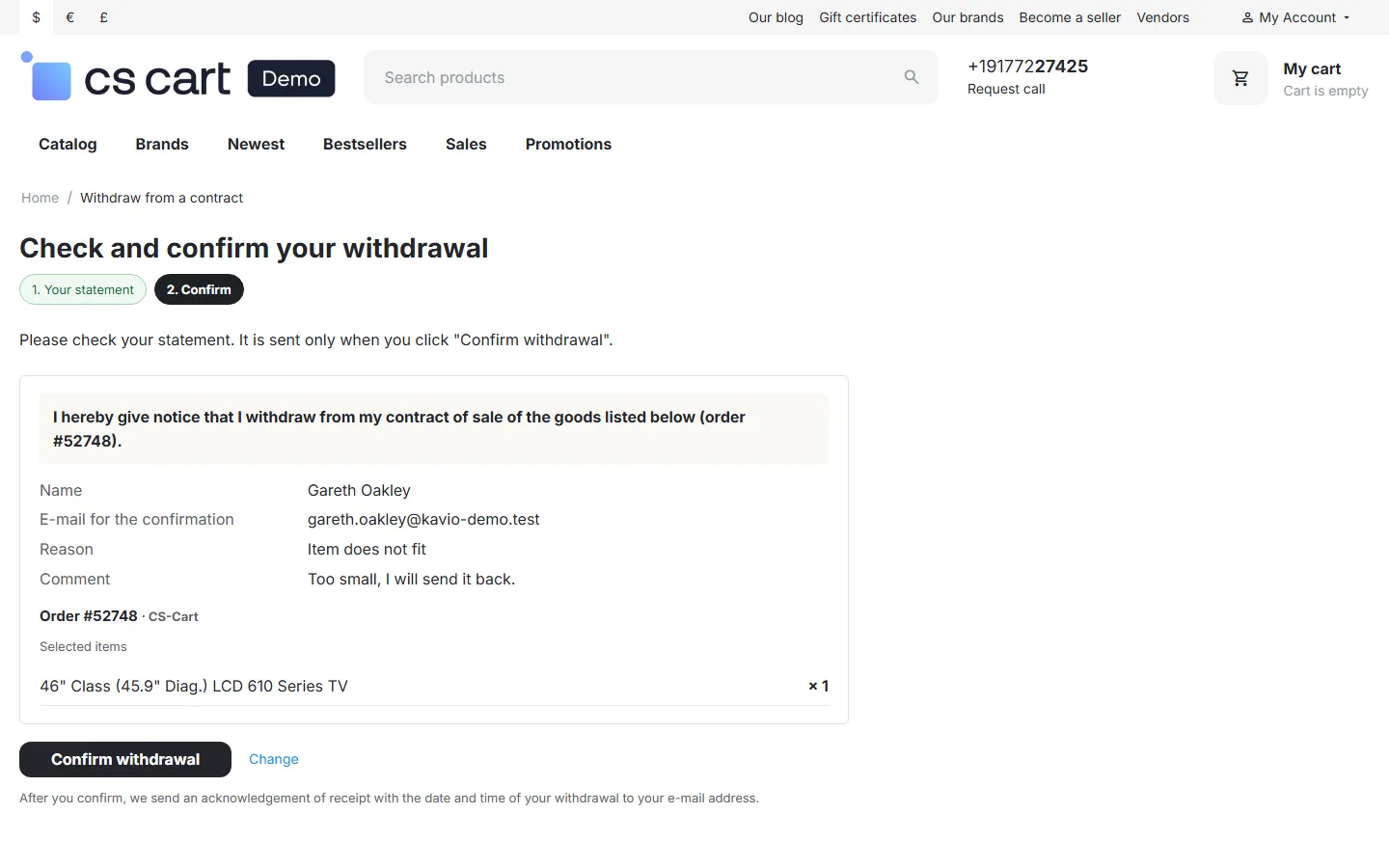 Step 2: the statement with the “Confirm withdrawal” button