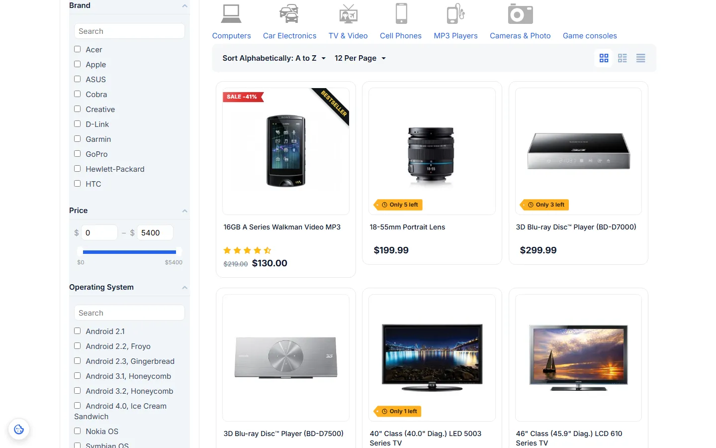 Category page after a choice, with the floating “Cookie settings” button in the bottom-left corner.