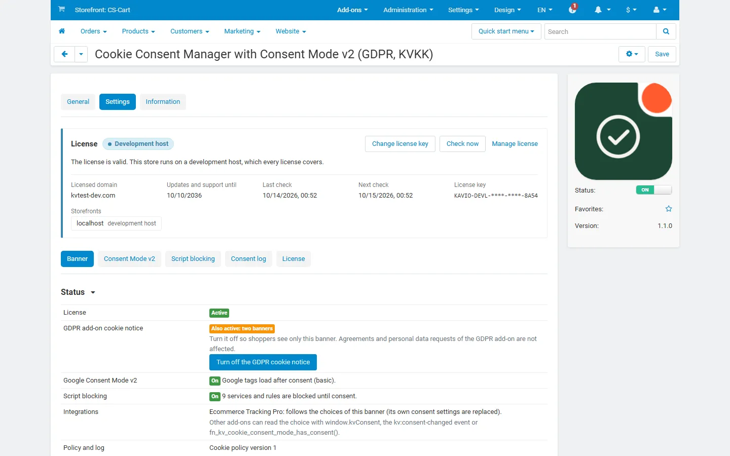Settings, Banner tab: Status block (licence active, conflict check “Also active: two banners” with the one-click “Turn off the GDPR cookie notice” button, Consent Mode v2, 10 services blocked, integrations, policy version and logged choices) and the first banner settings.