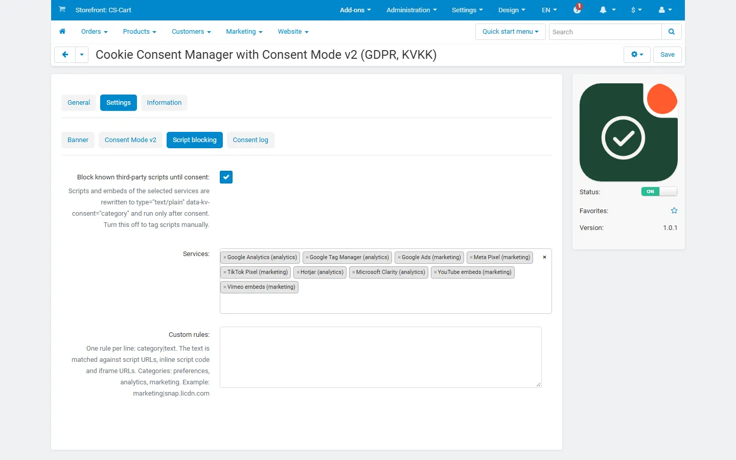 Script blocking tab: automatic blocking, the services with their categories and the custom rules field.