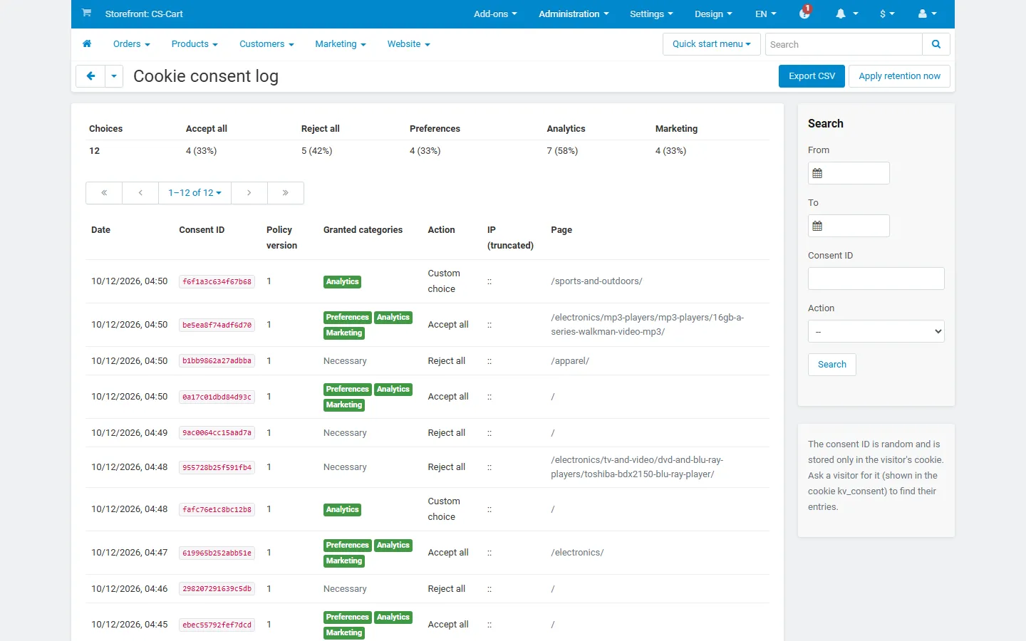 Administration > Cookie consent log: totals and acceptance rates, consent IDs, policy version, granted categories, action, truncated IP and page, Export CSV.