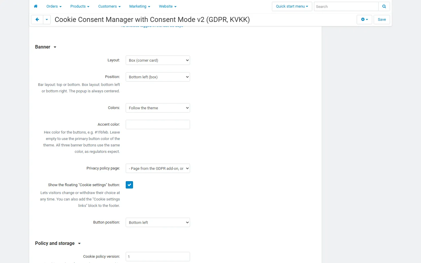 Banner tab: layout, position, colors, accent color, privacy policy page and the floating button settings.