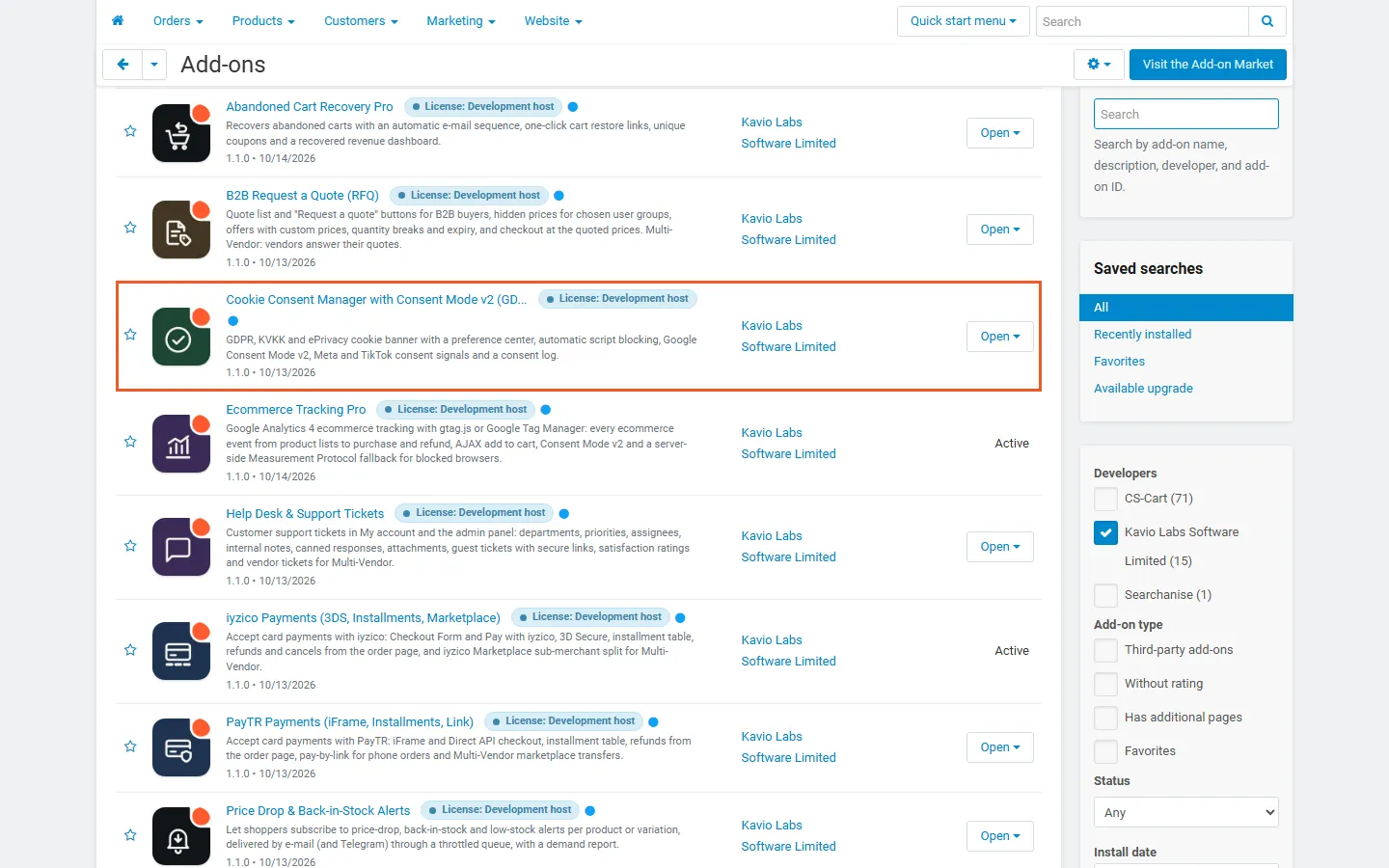 Admin, Downloaded add-ons filtered to Kavio Labs, with Cookie Consent Manager highlighted and active (version 1.0.4).