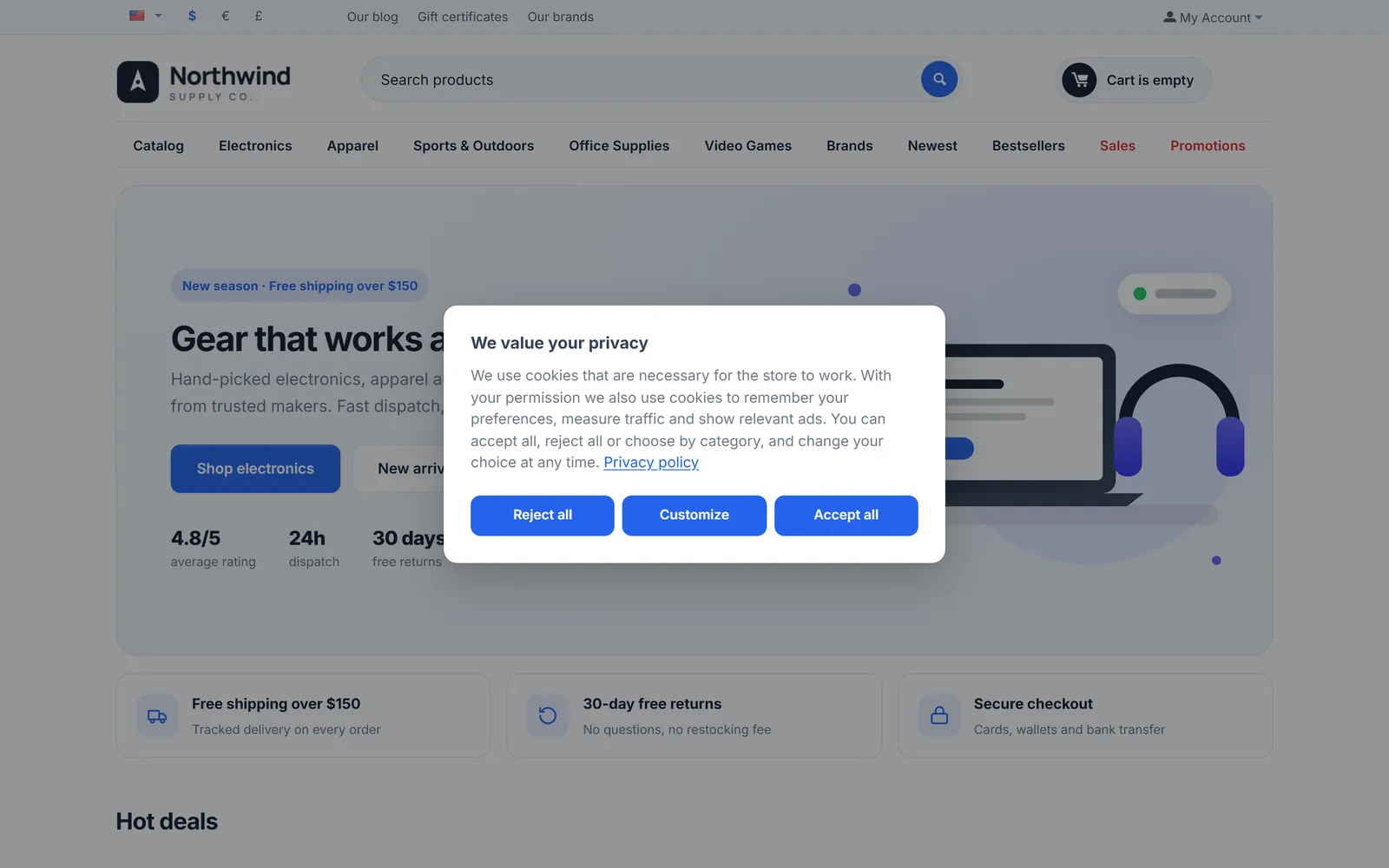 Home page with the popup banner centered over the dimmed page: Reject all, Customize and Accept all with equal weight.