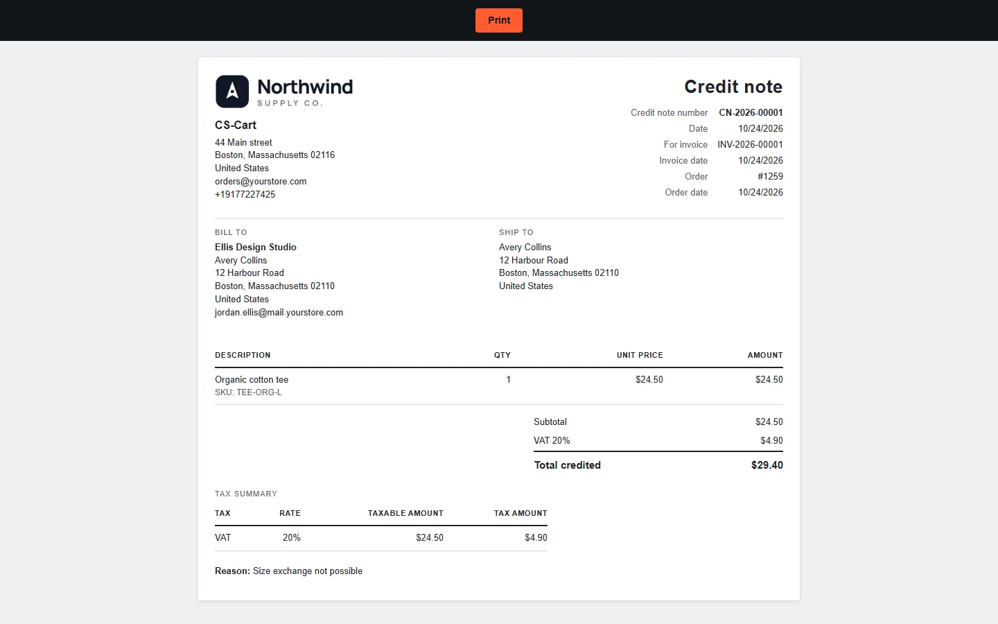 Credit note print view