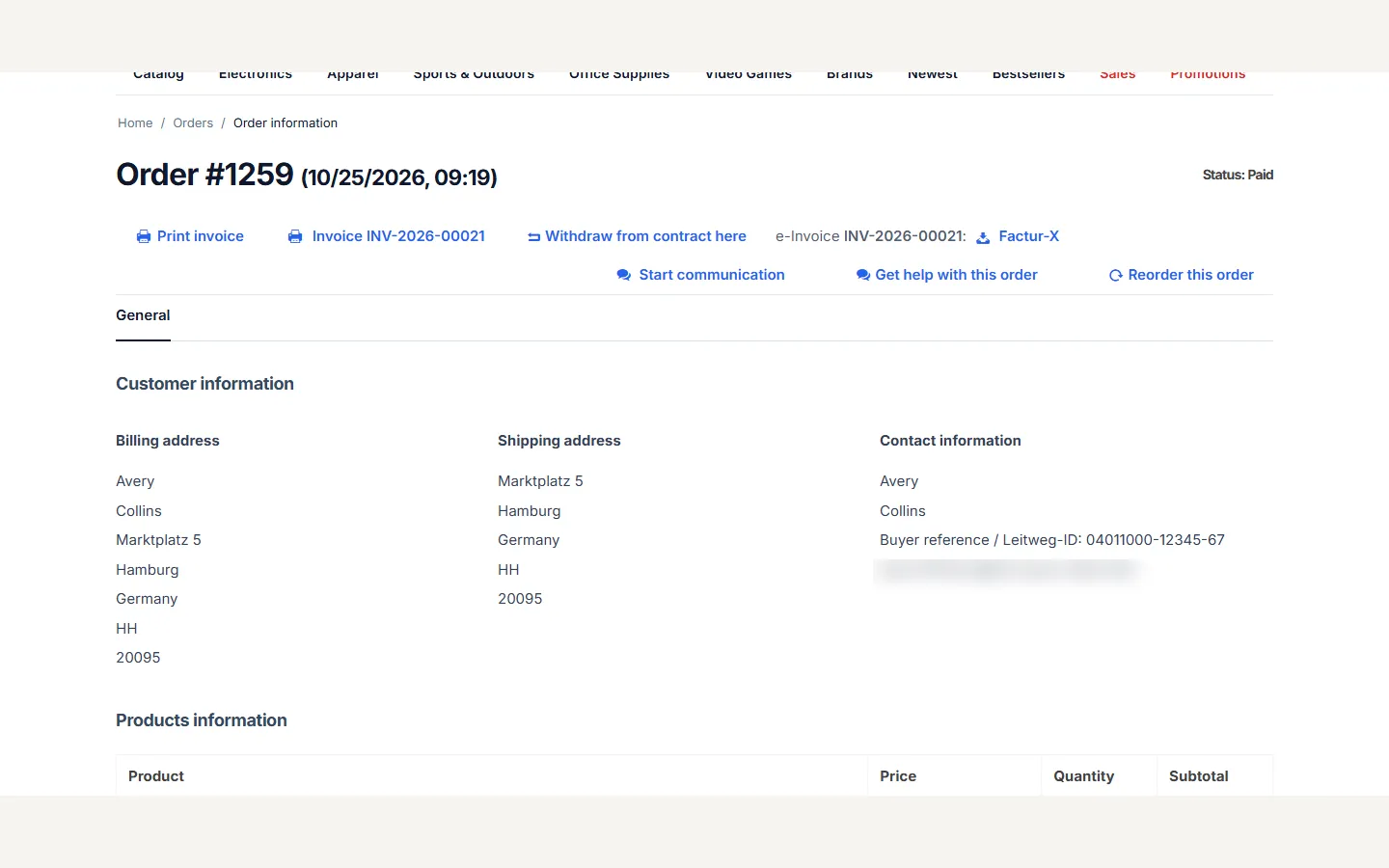 Customer order page: e-invoice download next to the print links.