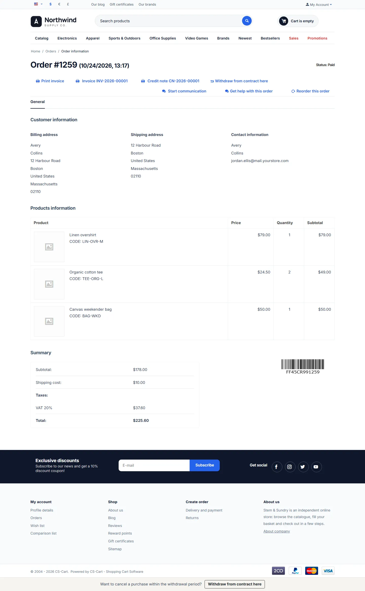 Customer order page
