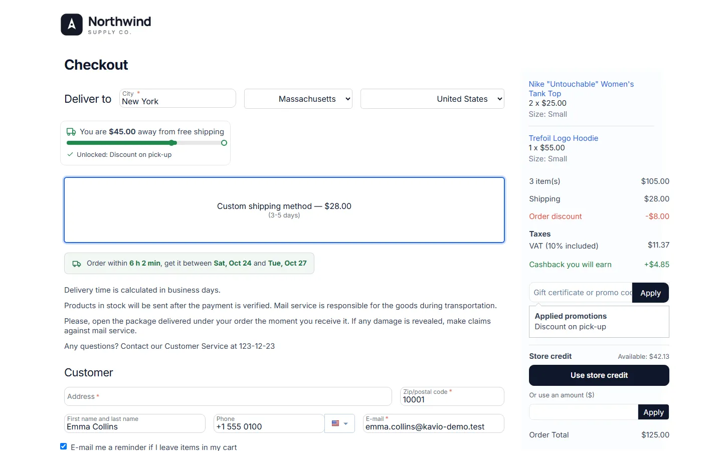 Checkout: available balance, “Use store credit” or an own amount.
