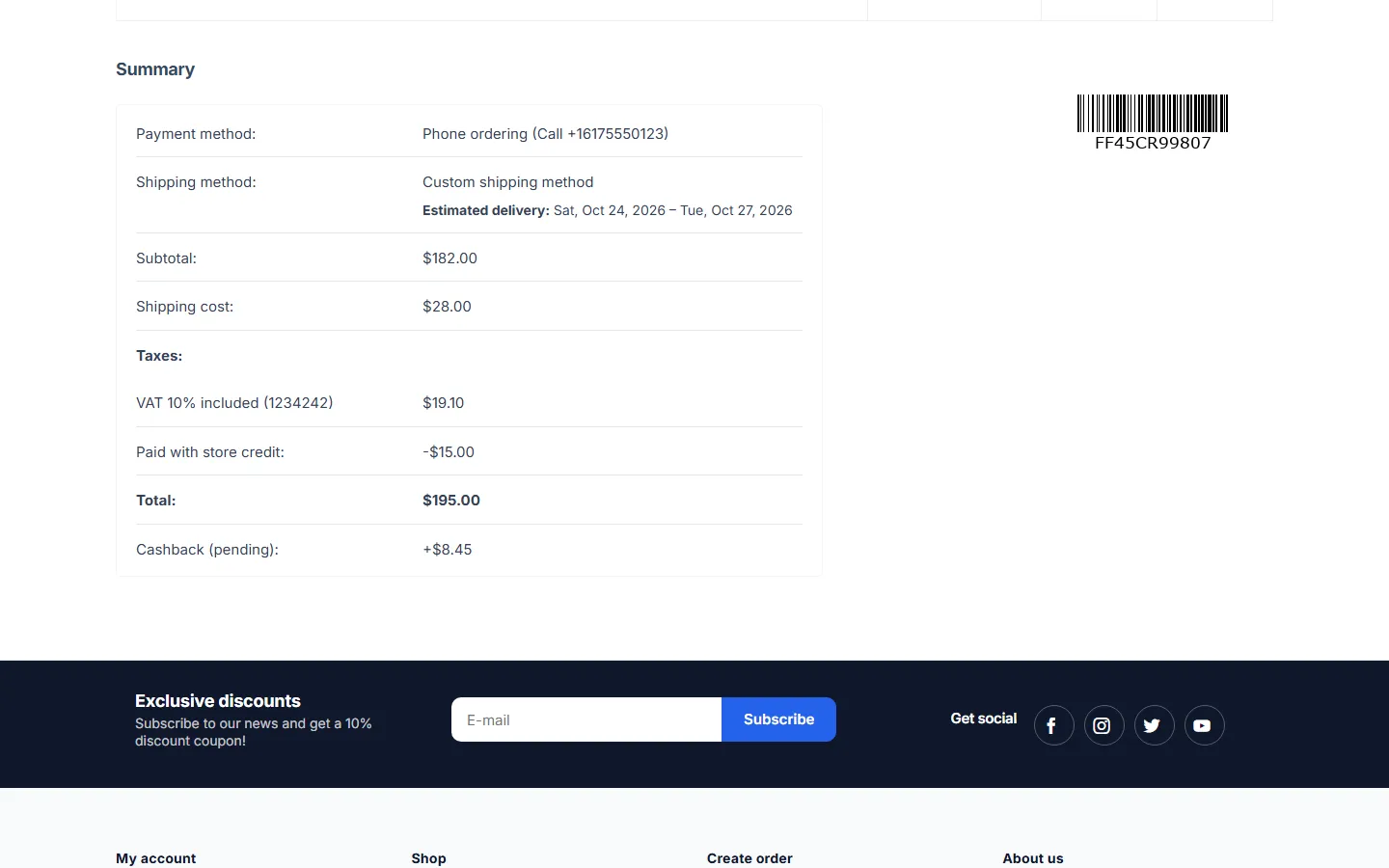 Customer order page: “Paid with store credit” and pending cashback.
