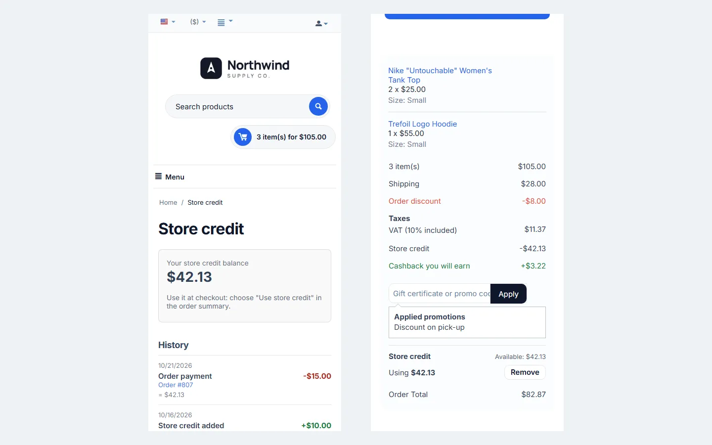 Store credit page and checkout summary at 390 px.