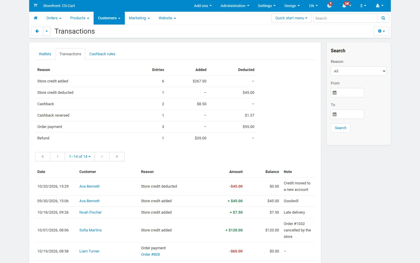 Transactions report: totals by reason, filters and CSV export.