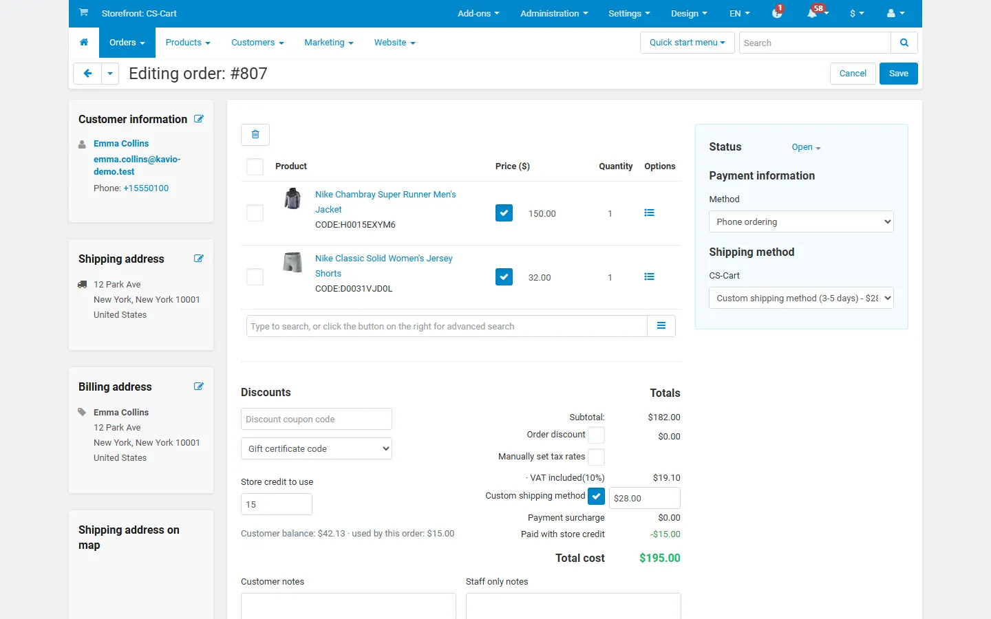 Order editor: “Store credit to use” with the customer balance.