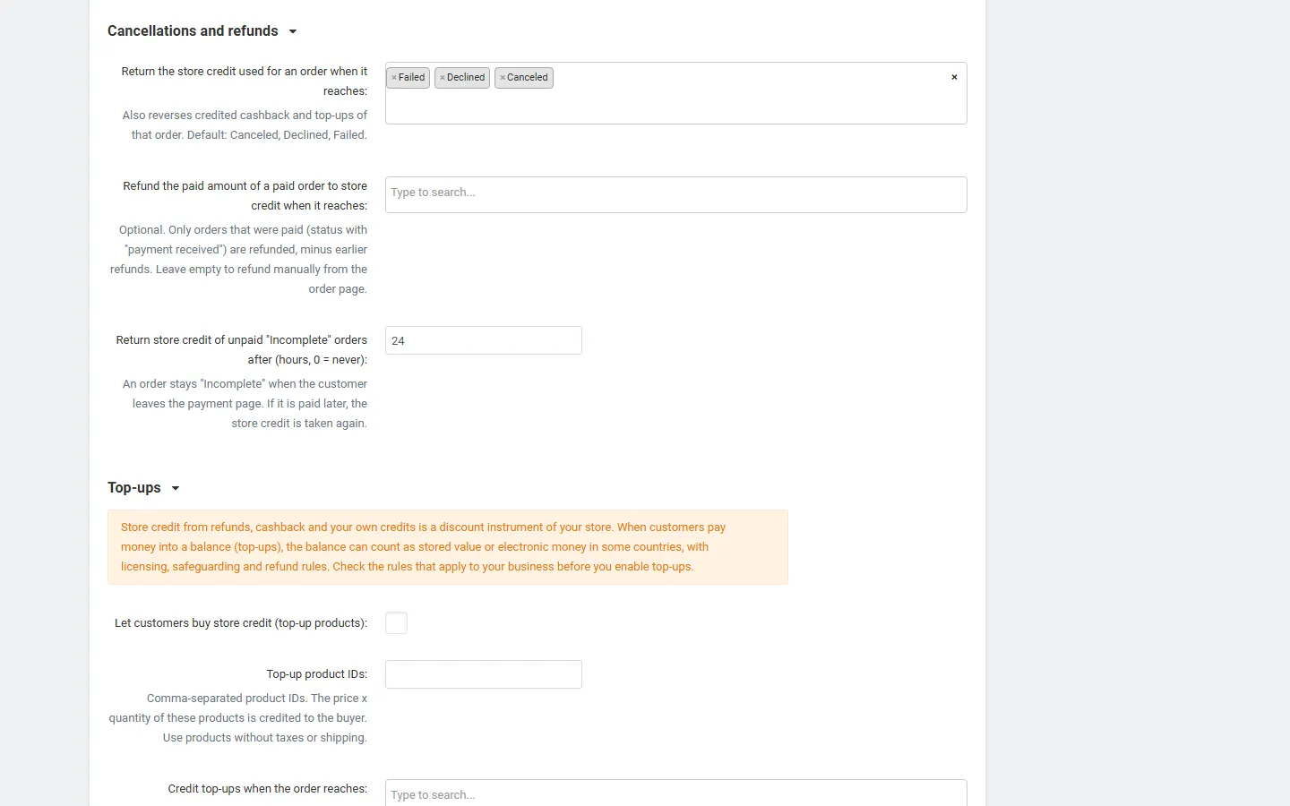 Settings: cancellations and refunds, top-ups (off) with the legal note.