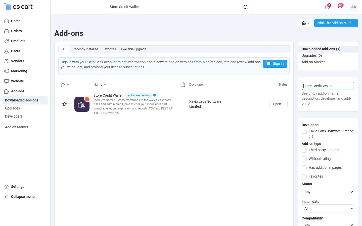 Add-ons list with Store Credit Wallet (placeholder icon until the integration step).