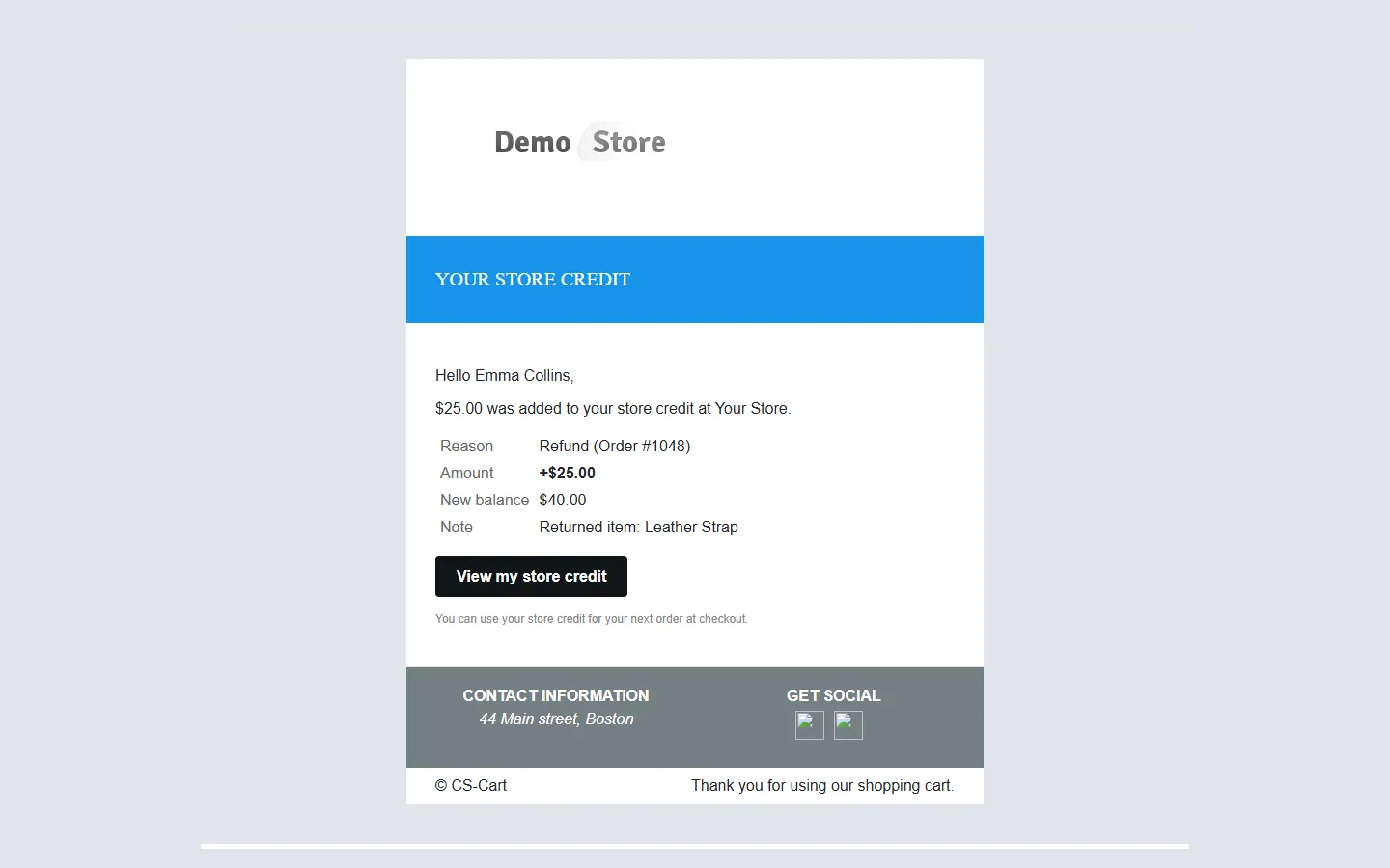 “Store credit added” e-mail.