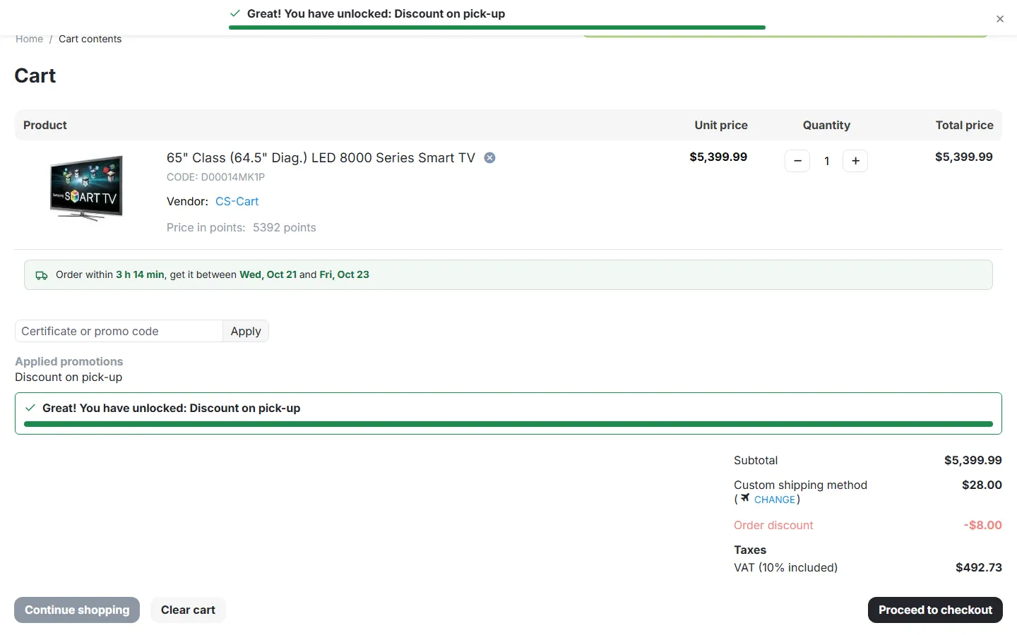 Cart: delivery estimate for the chosen shipping method and the slowest product.