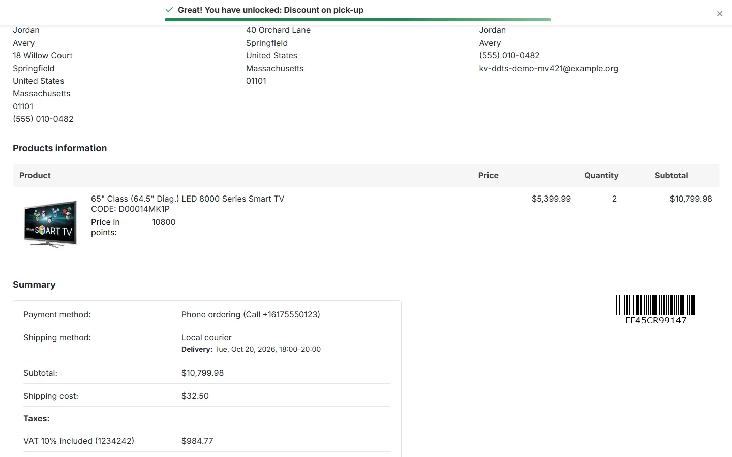 Customer’s order page: “Delivery: Tue, Oct 20, 2026, 18:00-20” under the shipping method.