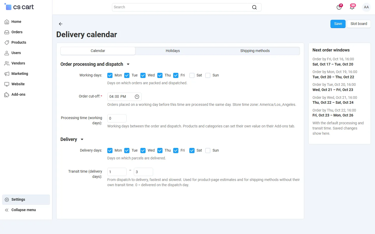 Delivery calendar: working days, order cut-off in the store time zone, processing and transit time, with the next order windows.