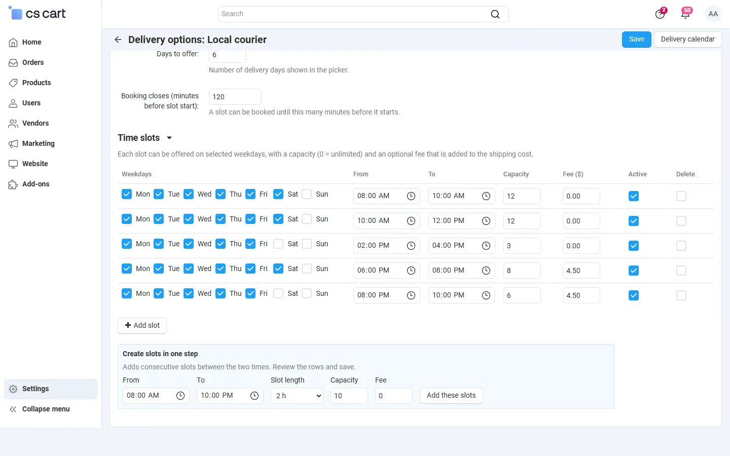 Shipping method: time slots per weekday with capacity, fee and status, and “Create slots in one step”.