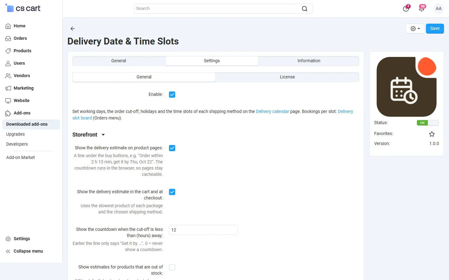 Settings: storefront estimates, countdown threshold, date and time format, slot release statuses, Multi-Vendor options.