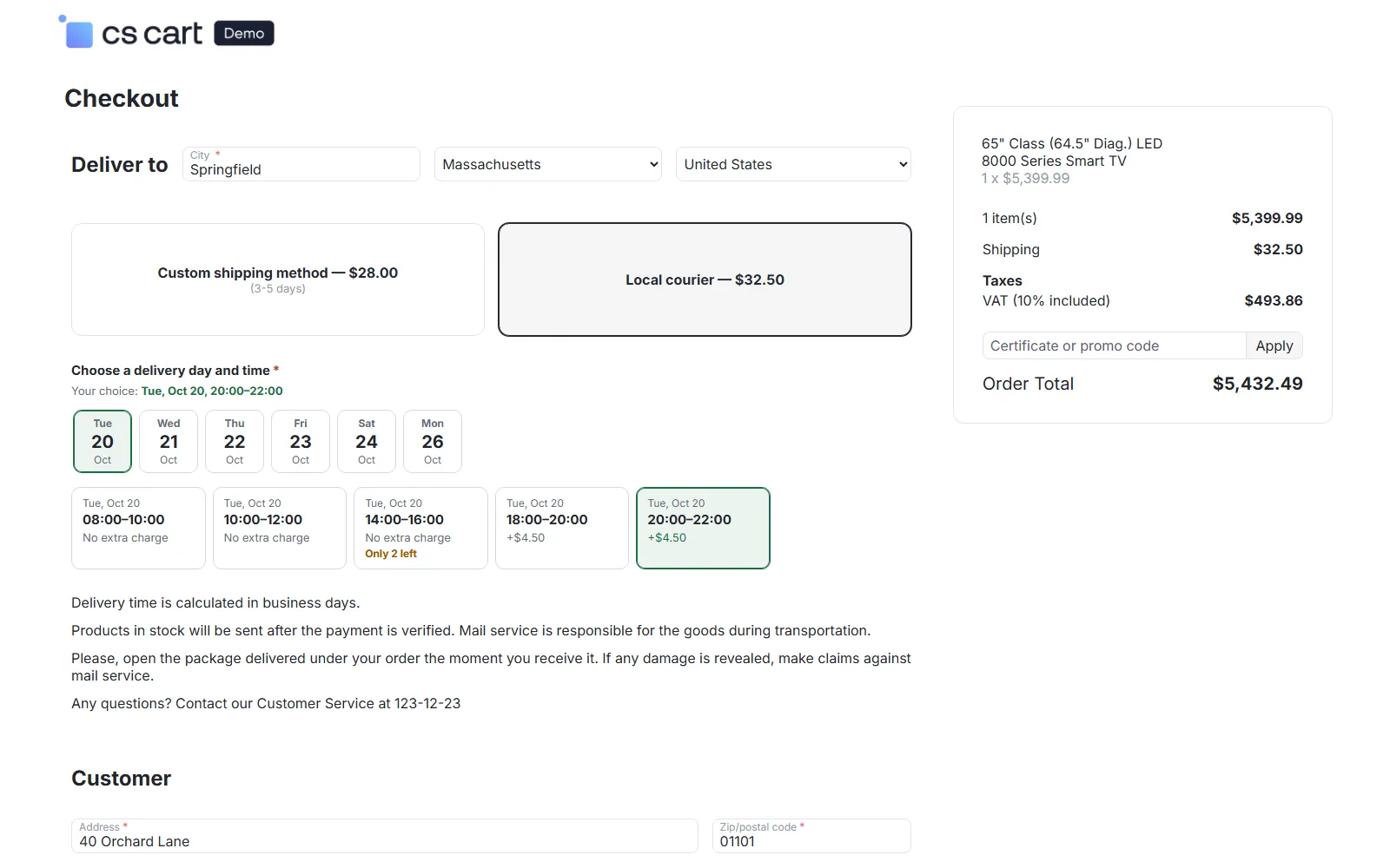 Checkout: day tabs and the time slots of the “Local courier” method with fees, “Only 2 left” and the chosen slot; the slot fee is part of the shipping cost.