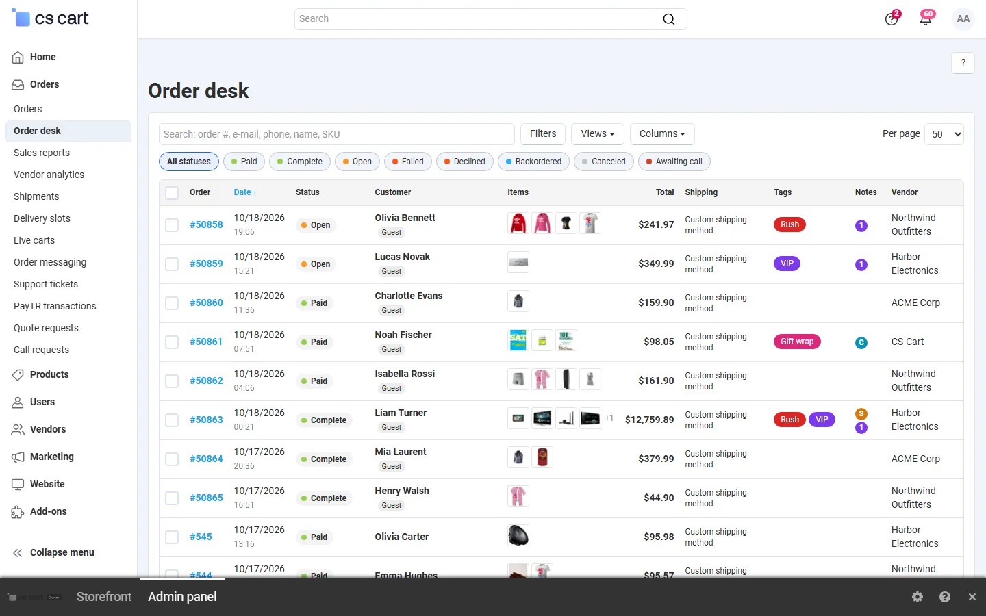 Order desk: list with item thumbnails, colour-coded statuses, tags and the bulk bar