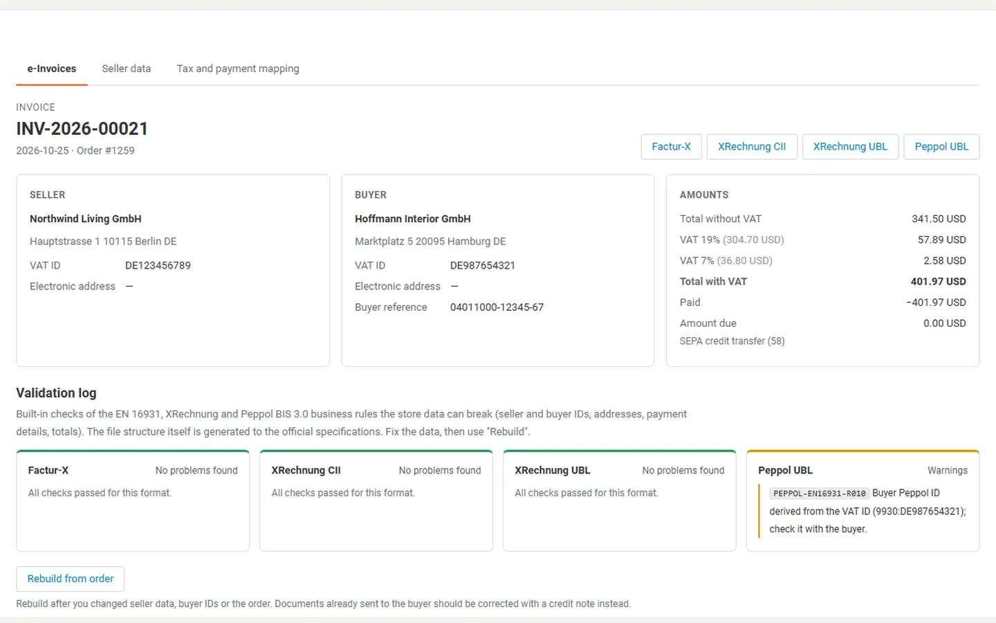 e-Invoice page with the validation log