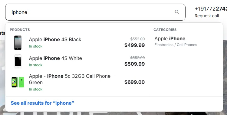 The search dropdown with products, prices, stock and categories