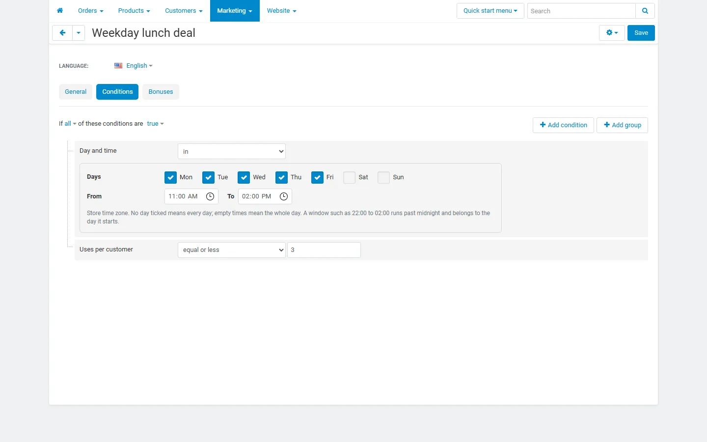 Day and time and Uses per customer conditions