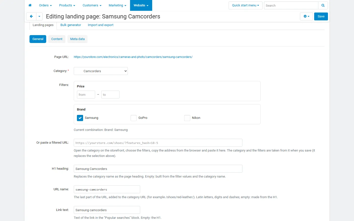 Editor: category, filter values and the pasted URL field