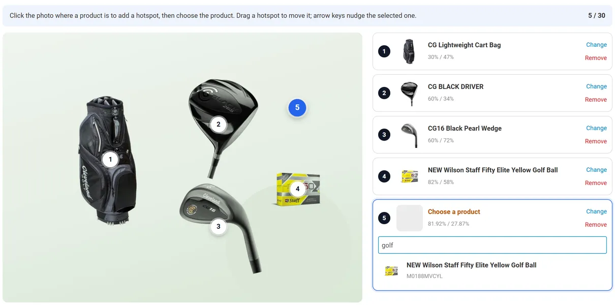 Hotspot editor with the product search