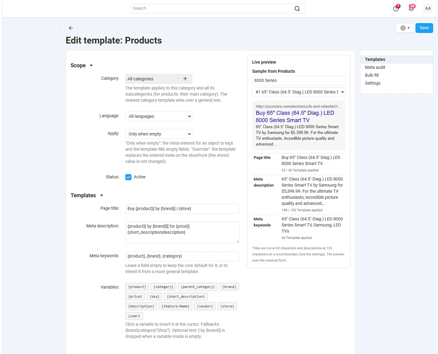 Template editor with the live preview