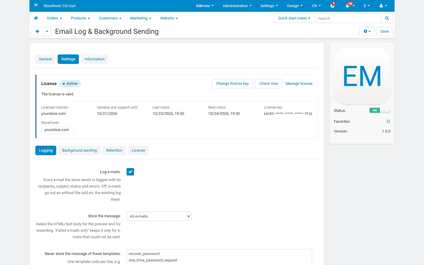 Add-on page with the license card and the logging settings.