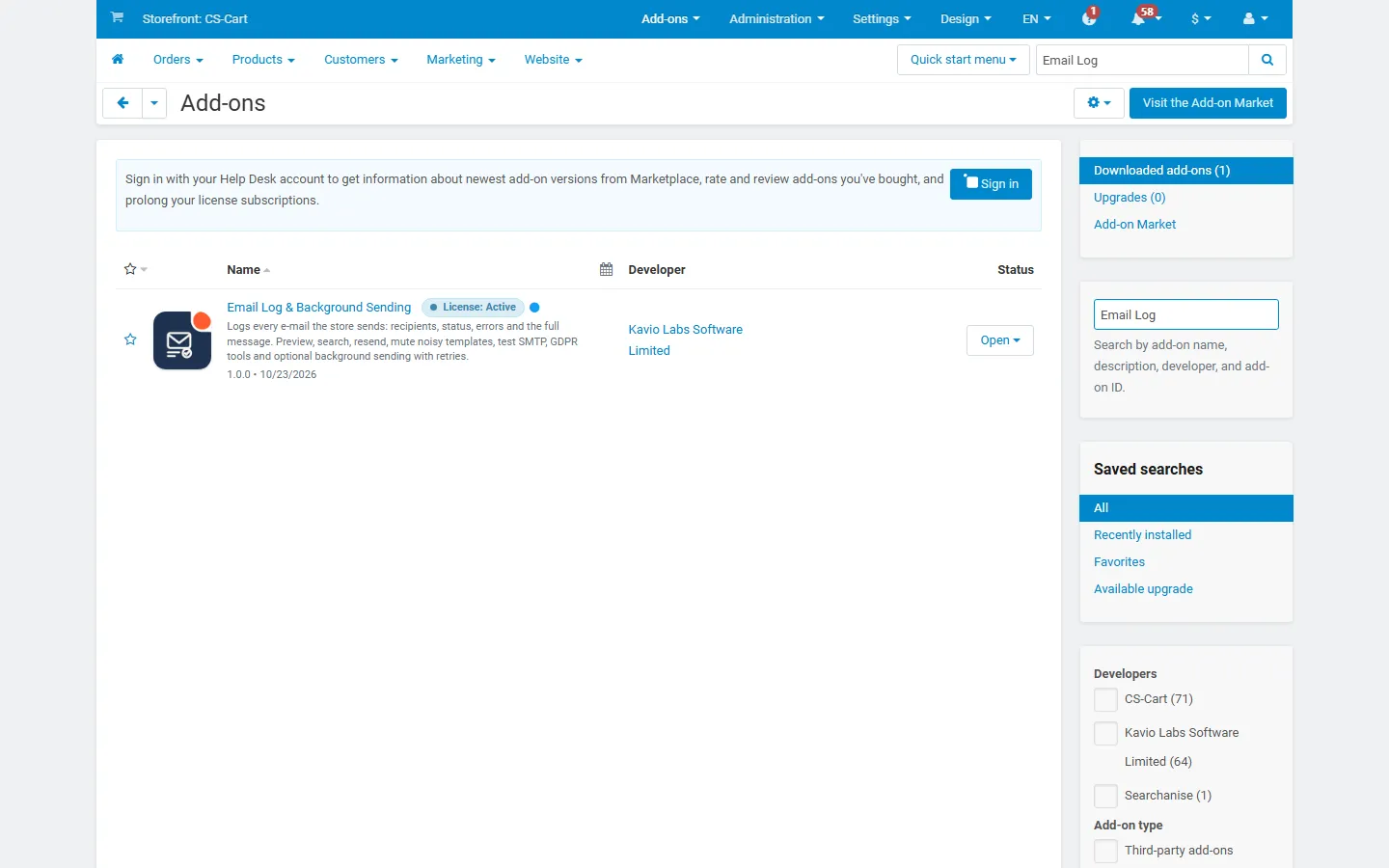 Add-ons list with the add-on active (placeholder icon until integration).