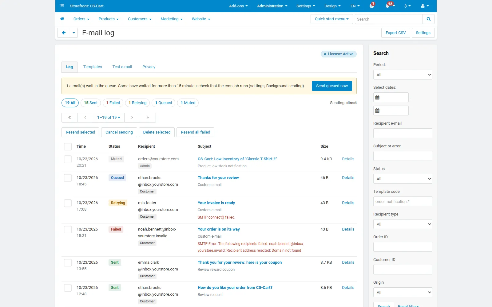 E-mail log: status counts, queue notice, bulk actions and the newest e-mails.