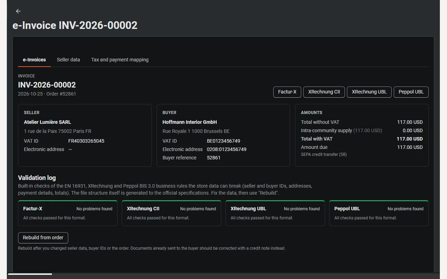 Peppol-ready e-invoice of a Belgian buyer (Peppol ID 0208), intra-community supply (dark admin).