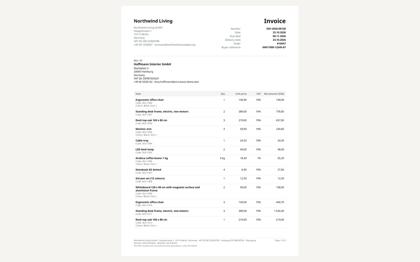The Factur-X PDF: readable invoice with line items, VAT breakdown and bank details.