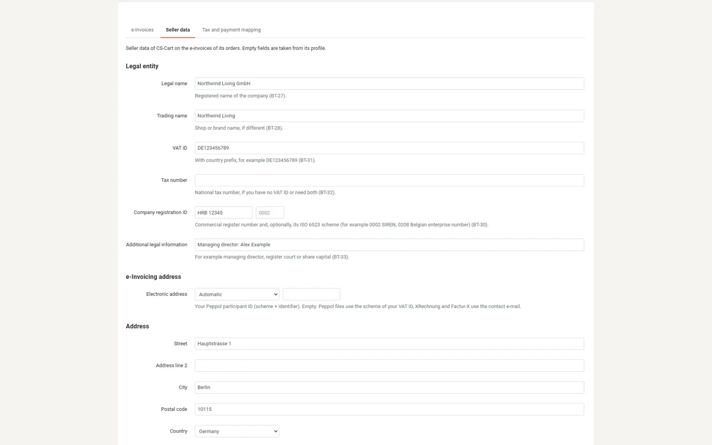 Seller data: VAT ID, registration, Peppol ID, address, contact, IBAN.