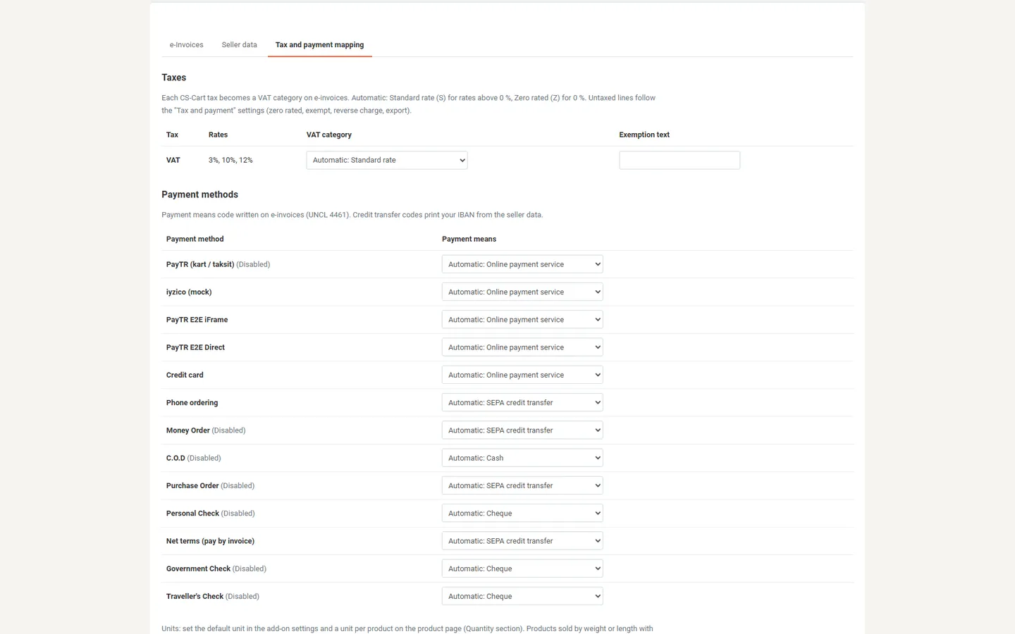 Tax and payment mapping: VAT categories and payment means.