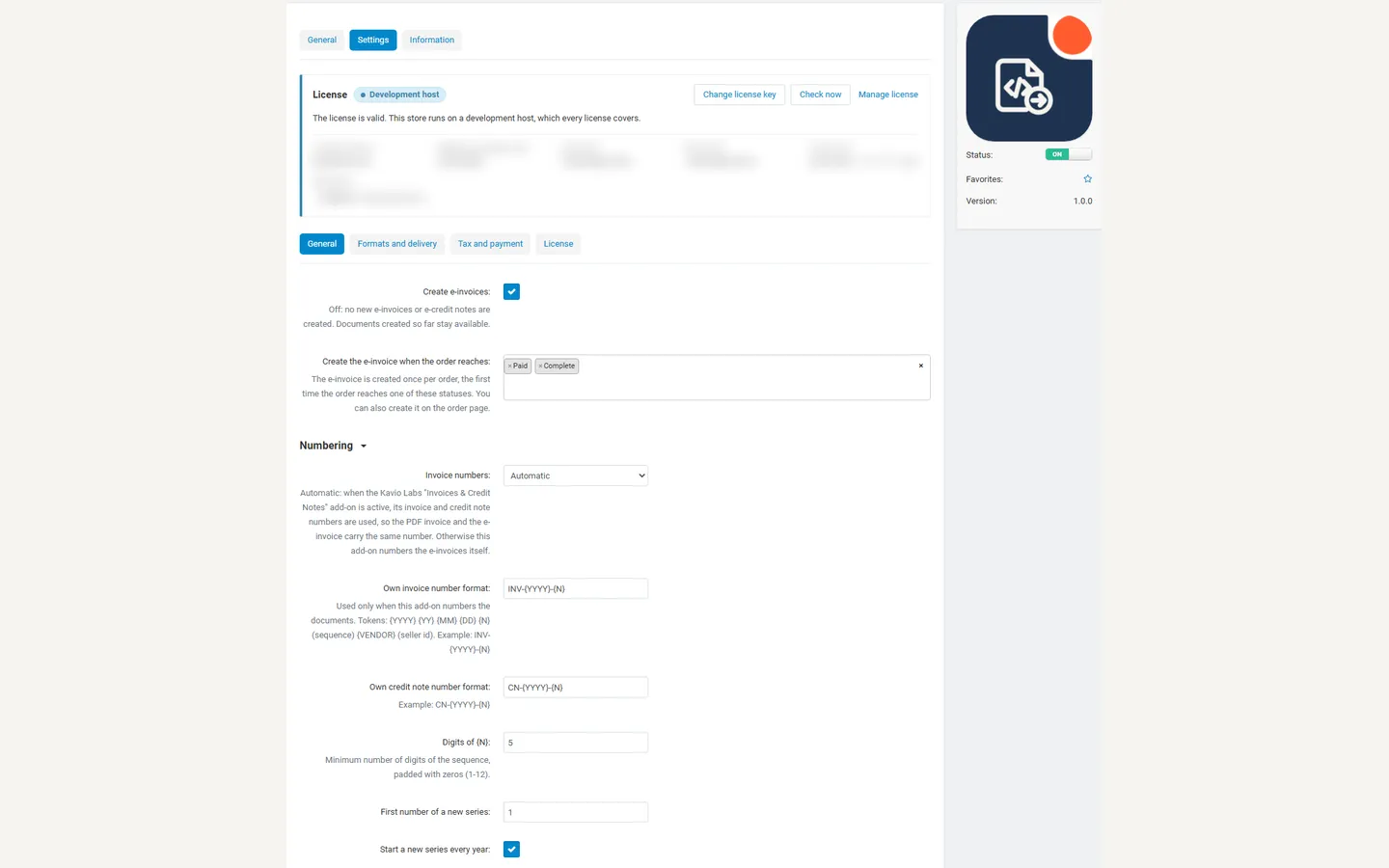 Add-on settings: statuses, numbering, formats, tax and payment.