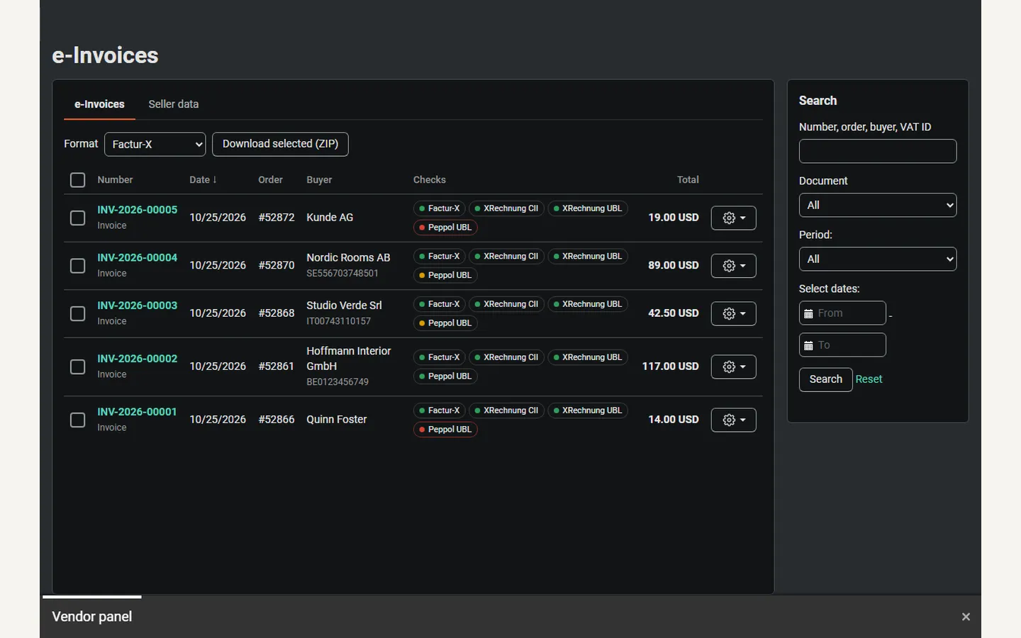 Vendor panel: e-invoices of the vendor’s own orders (dark).