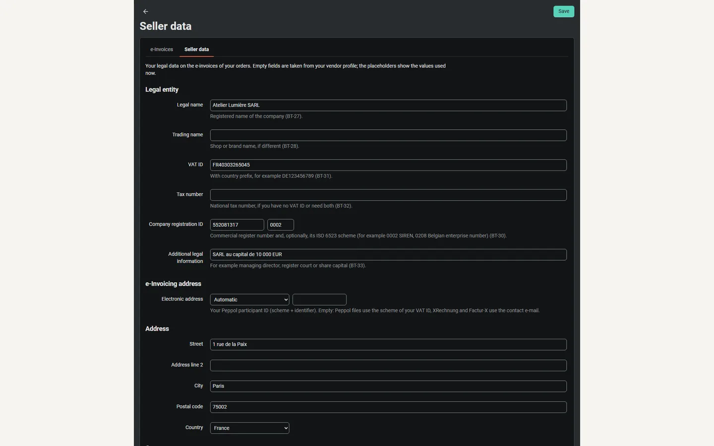 Vendor panel: the vendor’s own seller data (dark).
