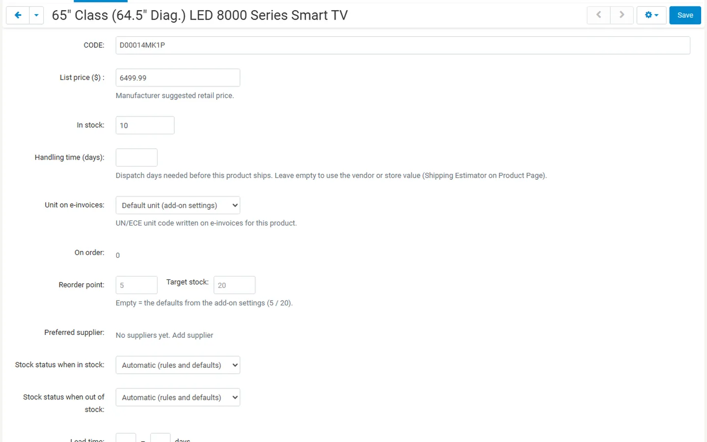 Product editor: unit on e-invoices.